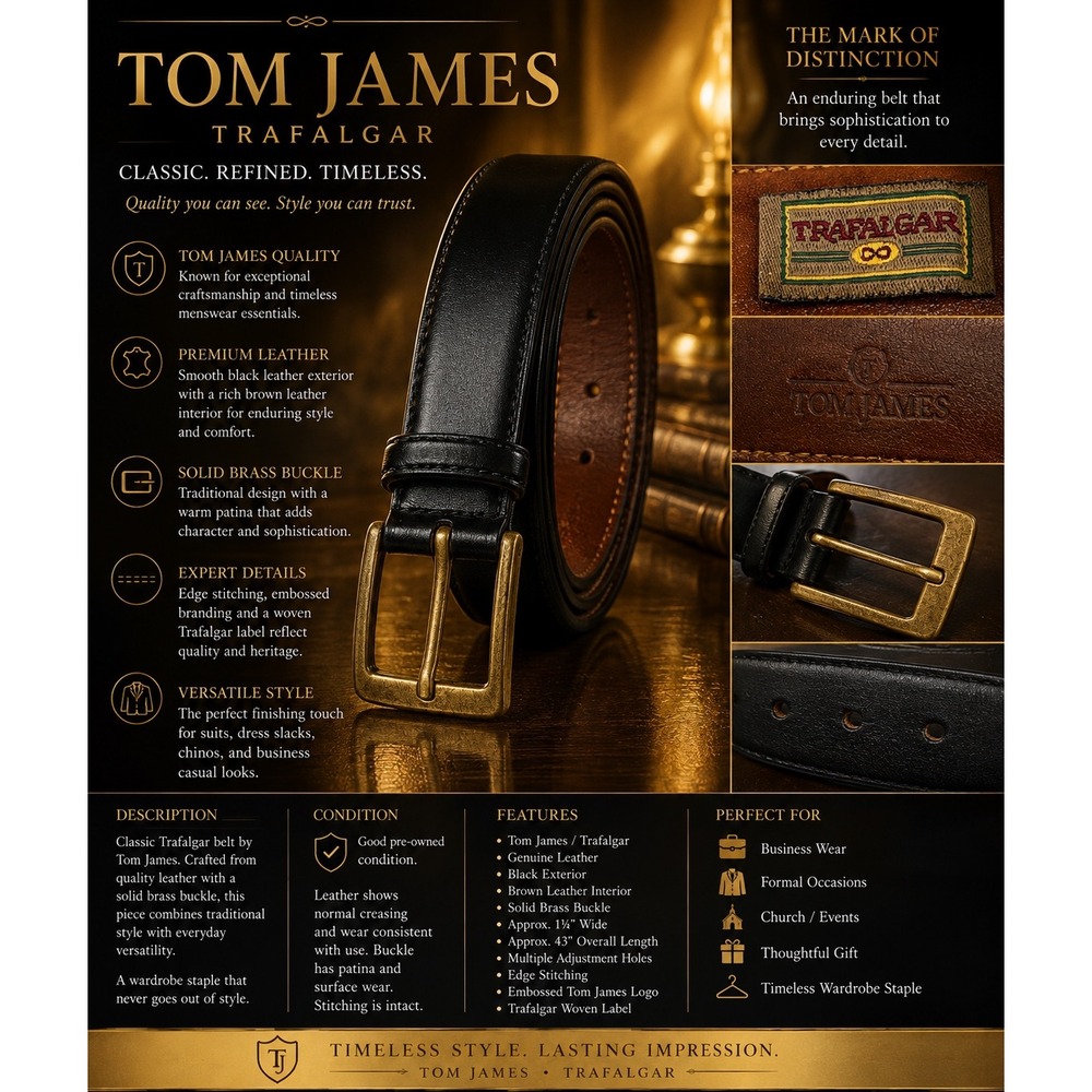 Tom James Trafalgar Men's Black Leather Dress Belt Brass Buckle Approx. 43"
